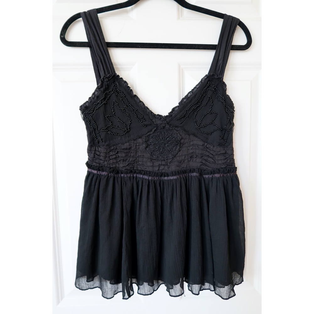 ZARA Basic Black Beaded Sheer Lined Babydoll Top M